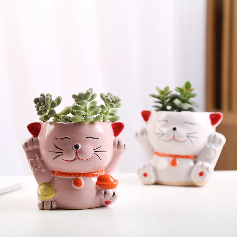 

New Product Zhaocai Cat Ceramic Flowerpot Cartoon Lovely Creative Green Plants Potted Breathable Painted Plant Pot