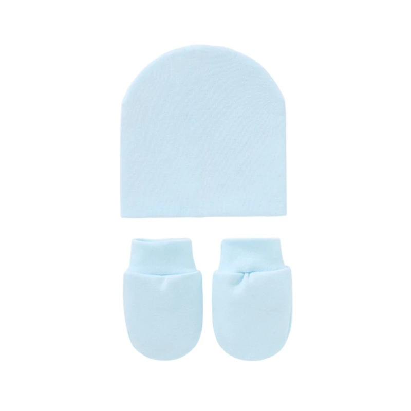 

Q0KB 2 Pcs 0-5 Months Baby Anti Scratching Gloves Hat Set Soft Knitted Cotton Comfy No Scratch Mittens Turban Beanie Cap