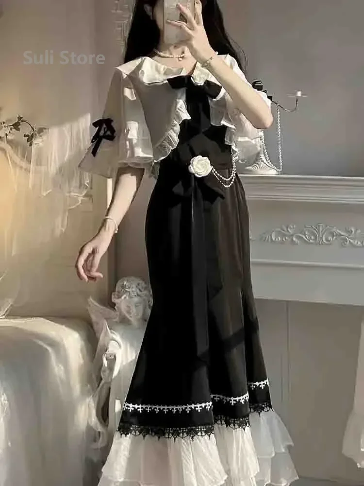 French Vintage Fairy Mermaid Dress Women Lace Korean Party