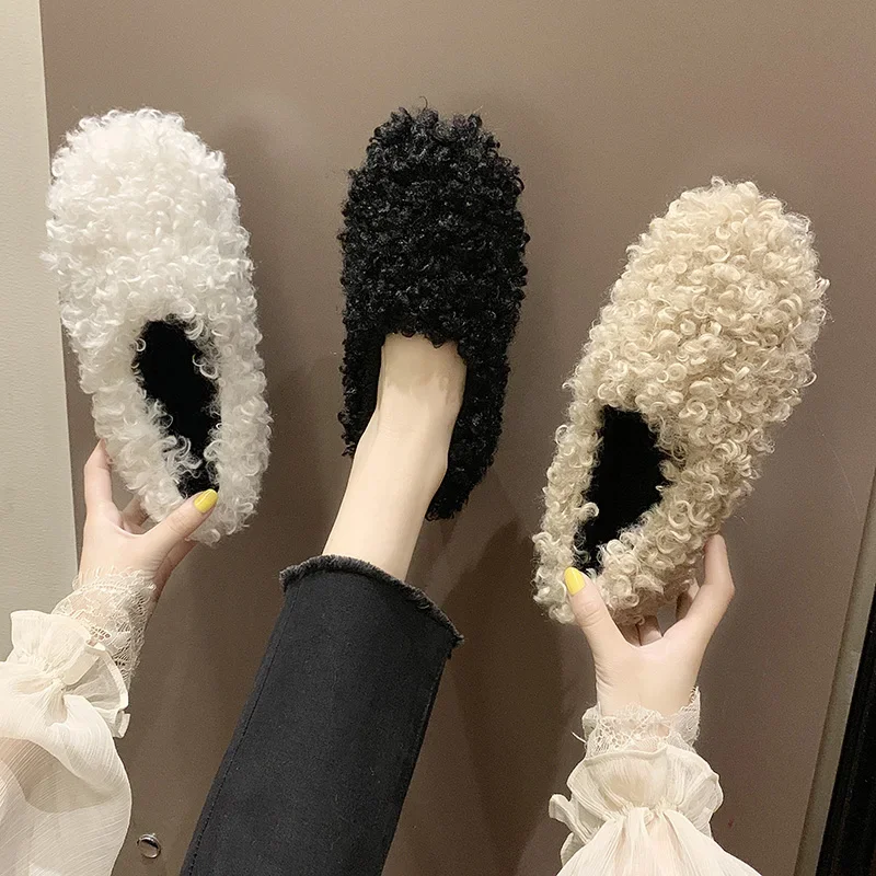 Net red fur shoes women wear fashion autumn and winter new plus velvet lamb hair a pedal flat shoes women's