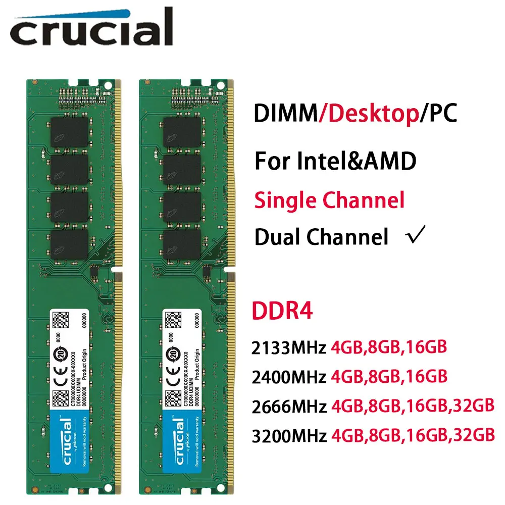 זיכרון RAM DDR4 למחשב שולחני Crucial בנפחים של 32GB, 16GB, 4GB, 8GB במהירויות 2133, 2400, 2666, 3200MHz, PC4-21300, 25600, 19200 DIMM,  יחיד/כפול ערוצים.