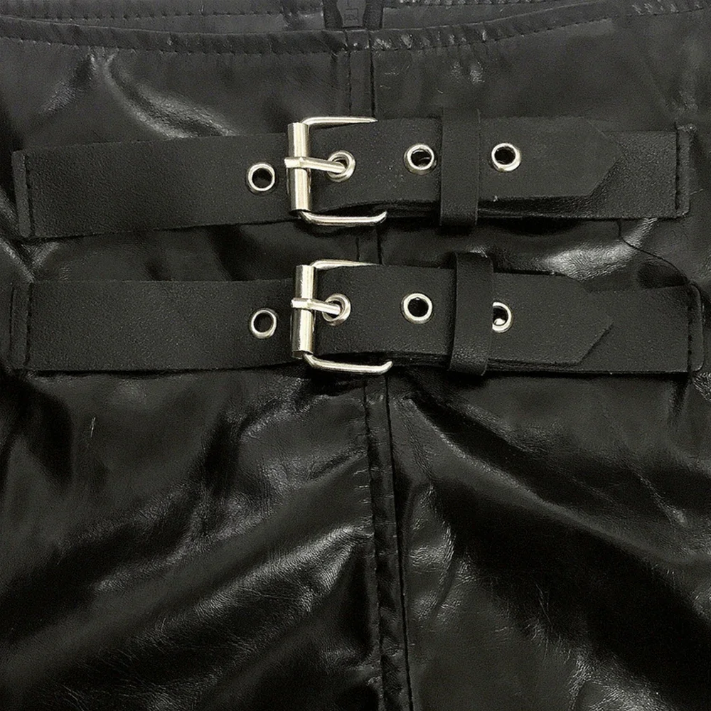 Women Hollow Strap Leather Tight Shorts Pole Dance Nightclub Wear Black Faux Leather Short Pant Buckle Design Hot Pant for Women