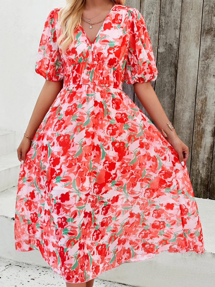 

Summer Dress Women Lantern Sleeve V-neck Long Dresses Ladies Floral Print Boho Beach Sundress Casual Holiday Vacation Vestidos