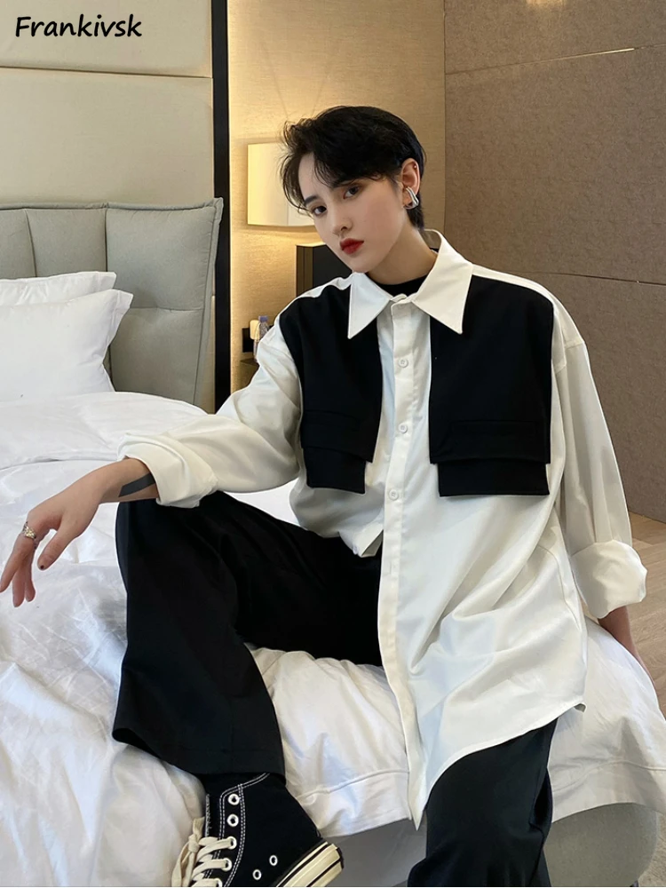 

Women Shirts Casual Patchwork Contrast Color Streetwear Stylish Versatile Long Sleeve Hong Kong Style Couple Baggy Aesthetic