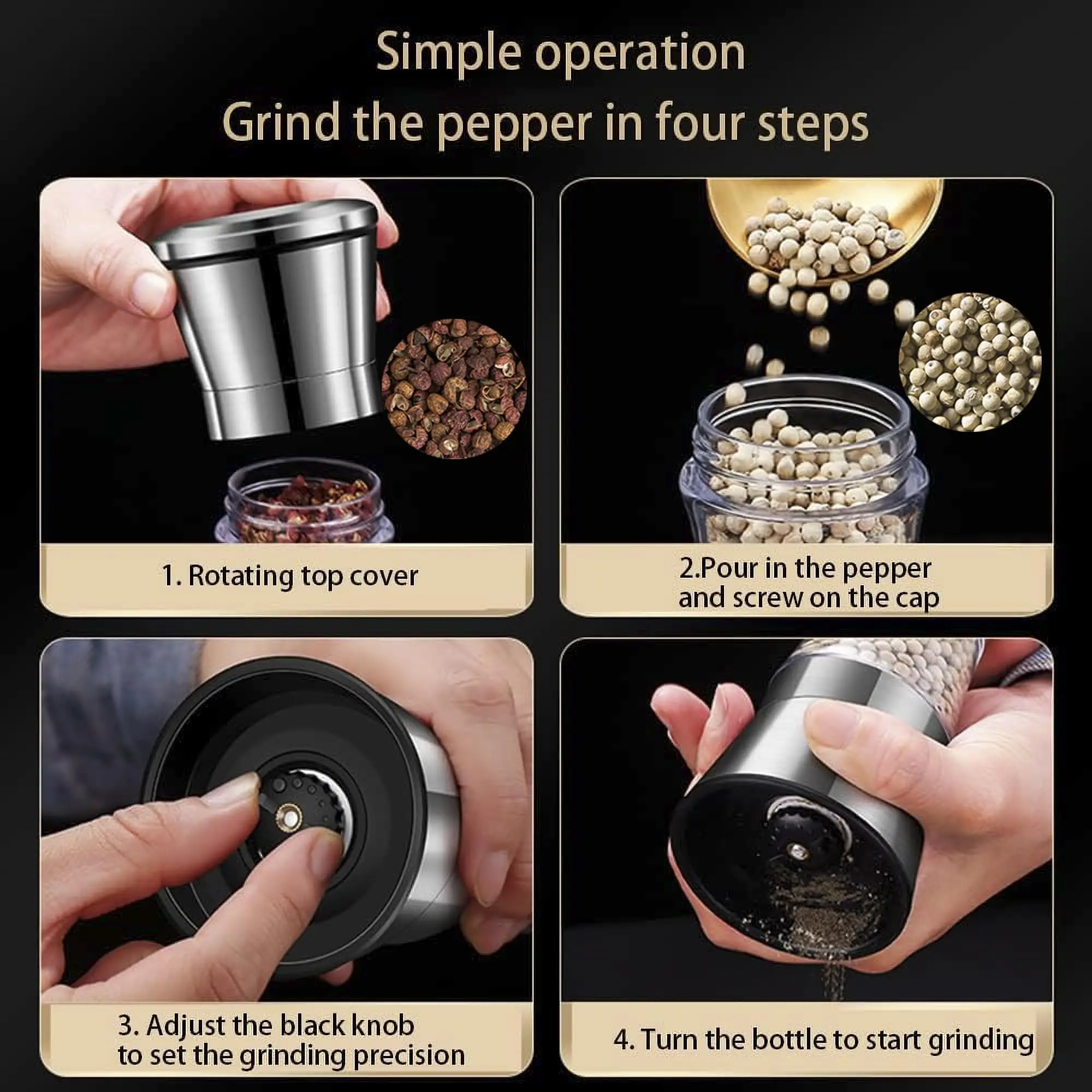 Salt and Pepper Grinder 2-in-1 Adjustable Pepper Salt Grinder Rustproof Stainless Steel Manual Mill Double Heads Coarseness Control