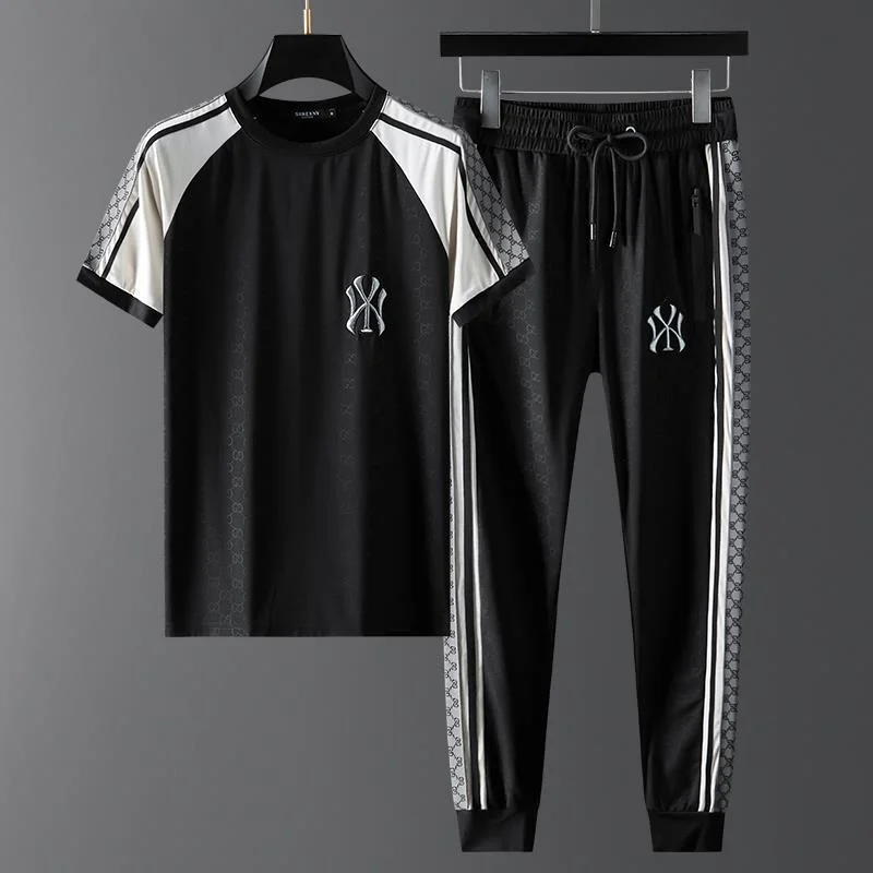 

Luxury brand Men's Set Sports Running Leisure Fashion Stitch Embroidery Short Sleeve Ice Silk Summer Korean Style Pair with Hand