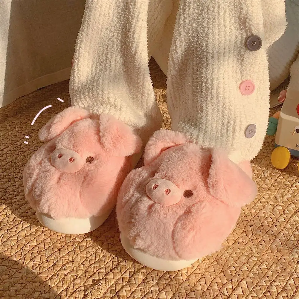 Fashion Homewear Pig Plush Slippers Thicken Cartoon Winter Warm Slippers Thick Soled Anti-slip Furry Cotton Shoes Children