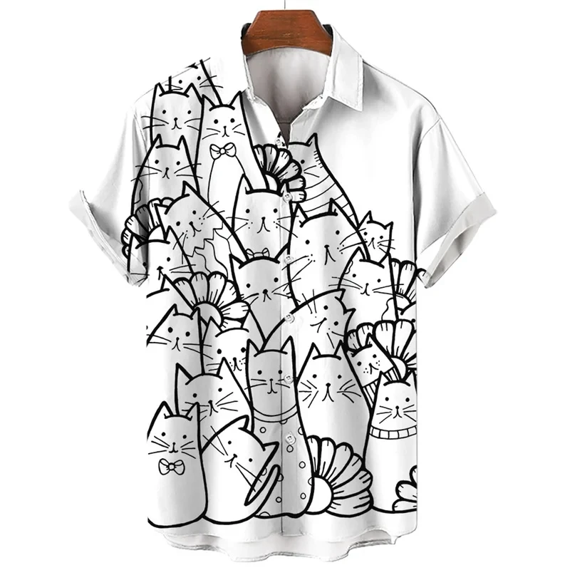 thumbnail image 1 of Camisa con estampado de gato en 3D para hombre, camisa hawaiana holgada de manga corta con botones, ropa de playa para vacaciones, ropa para niños, 1 of 5