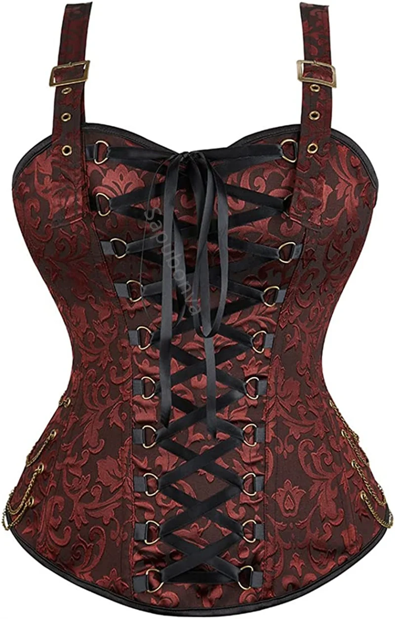 Sapubonva Brown Corset Top with Straps Pirate Steampunk Plus Size Vintage  Jacquard Women Victorian Gothic Costume Renissance Red