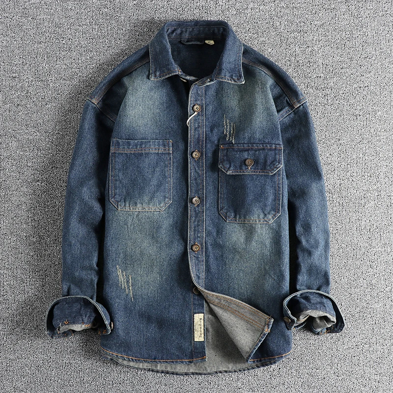 Sleeve patch splicing heavy wash to make old vintage denim shirt for men loose stiff trend youth shirt