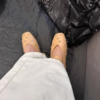 2025 Women Flats Fashion Crystal Buckle Strap Shoes Woman Genuine Leather Square Toe Mary Janes Spring Summer Flats Size 34-43 2