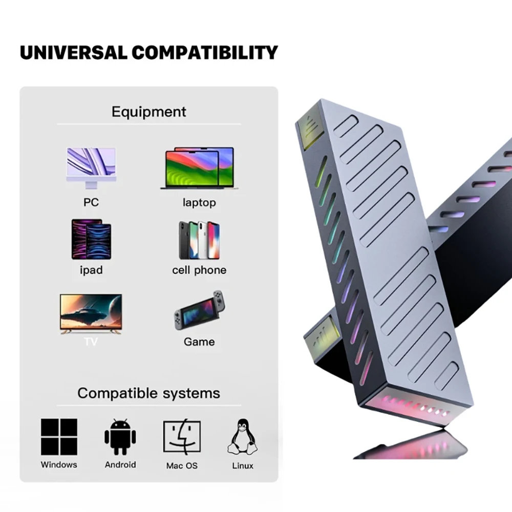 케비두메이 M.2 NVME SATA SSD 외장 케이스 알루미늄 합금 10Gbps USB 3.1 NVME M2 외장 하드 드라이브 박스 RGB 컬러풀 라이트 무공구