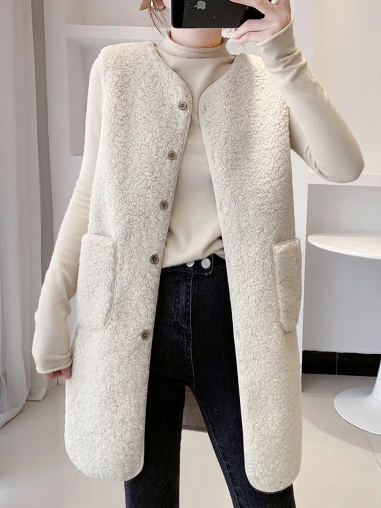 

Mid Length Lamb Cashmere Vest Women Fur Spring Autumn Loose Casual Gilet Sleeveless Jacket Chic Fashion Outwear Elegant Chalecos