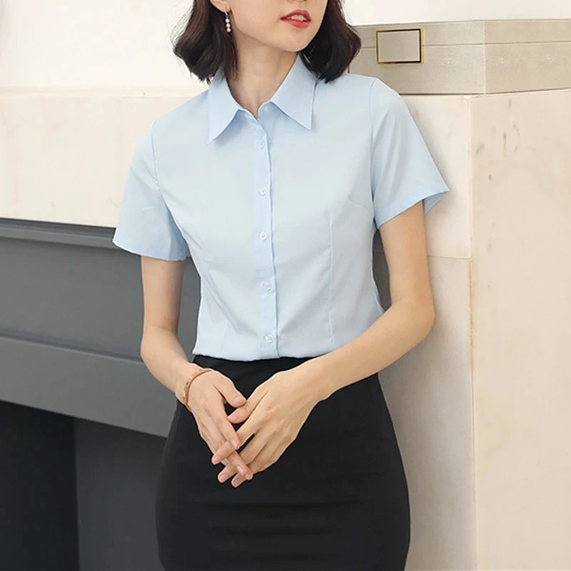 Fashion Woman Blouses 2023 V-neck Short Sleeve Solid Work Shirts Tops Pretty and Cheap Women's Blouse OL White Female clothing - Image 3