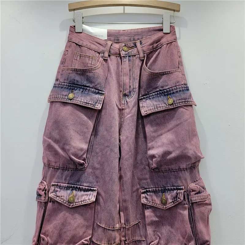 Cargo Pants Women 2023 Autumn Winter Washed Cotton Gradient Color Multi-Pocket High Waist Slimming Straight Overalls Jeans