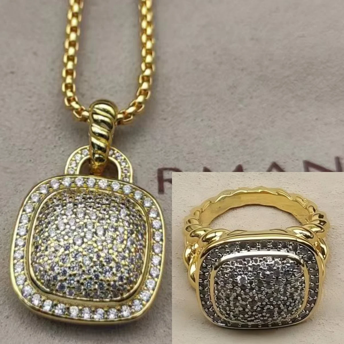 2025 New High-Quality Christmas Elegant and Simple Square Diamond Necklace, Ring Set - Valentine's Day Gift 6