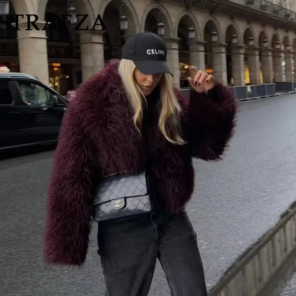 TRAFZA 2025 Autumn Winter Women Casual Faux Fur Jackets Fashion Streetwear Solid Turn Down Collar Warm Oversized Thick Coats 2