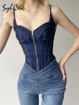 Sylcue 2023 Summer New Classic Retro Cool All-Match High Street Sexy Mature Charm Hot Women'S Zipper Jumpsuit Bodysuit 5