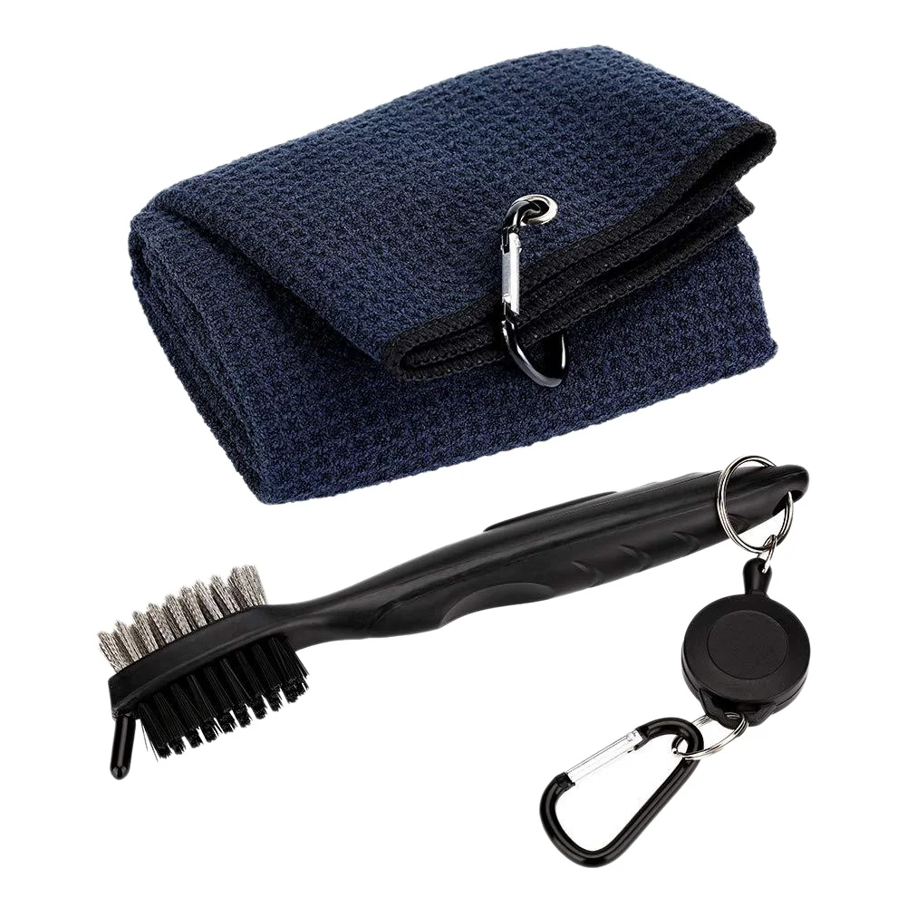 

Pure Cotton Golf Towel Brush Tool Kit with Club Groove Cleaner Retractable Extension Cord and Clip(Black)