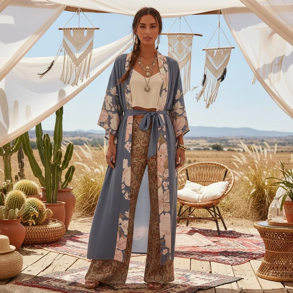 Happie Queens 빈티지 공작 꽃 프린트 여성 보헤미안 V 넥 배트 윙 슬리브 숙녀 boho Maxi 기모노 가운 비키니 커버 업