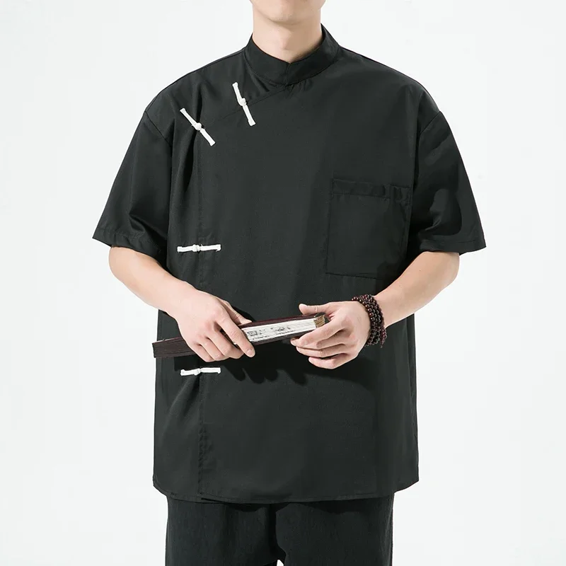 

Men's Irregular New Chinese Round Button Short-sleeved Shirt Summer Fashion Men's Fashion Casual Tops High Collar Shirt T-shirt