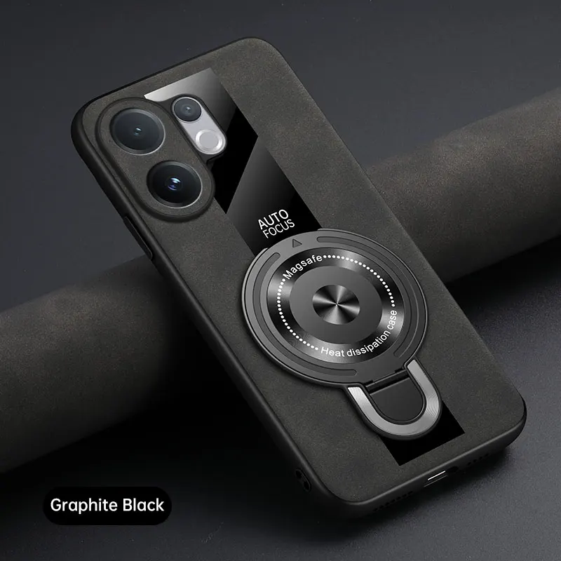 Luxury Shockproof Case with Magnetic Ring Holder and Leather Back Cover