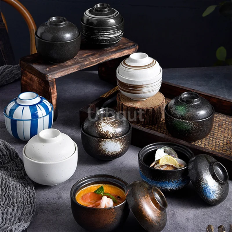 Bol à ragoût en céramique Vintage de 300ml, 1 pièce, avec couvercle, bol à Dessert, œuf cuit à la vapeur, bol à soupe, Pot à ragoût créatif pour Restaurant domestique 1