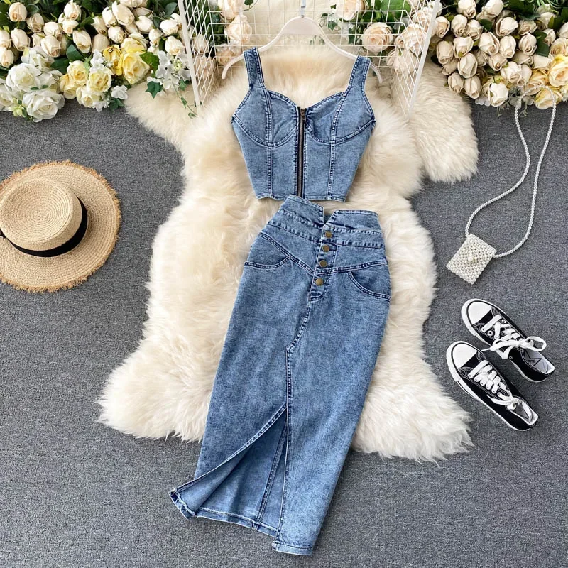 Women Denim Sets Sleeveless Strap Crop Top and Long Skirts Suits 2024 Summer Jeans Streetwear Two 2 Piece Sets Outfits