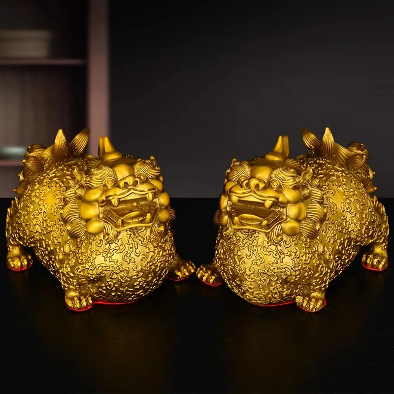 A Pair of Solid Brass Pi Xiu Statue, Male Female Wealth Luck Guardian, Feng Shui Home Office Decor, Chinese Auspicious Animal Gi