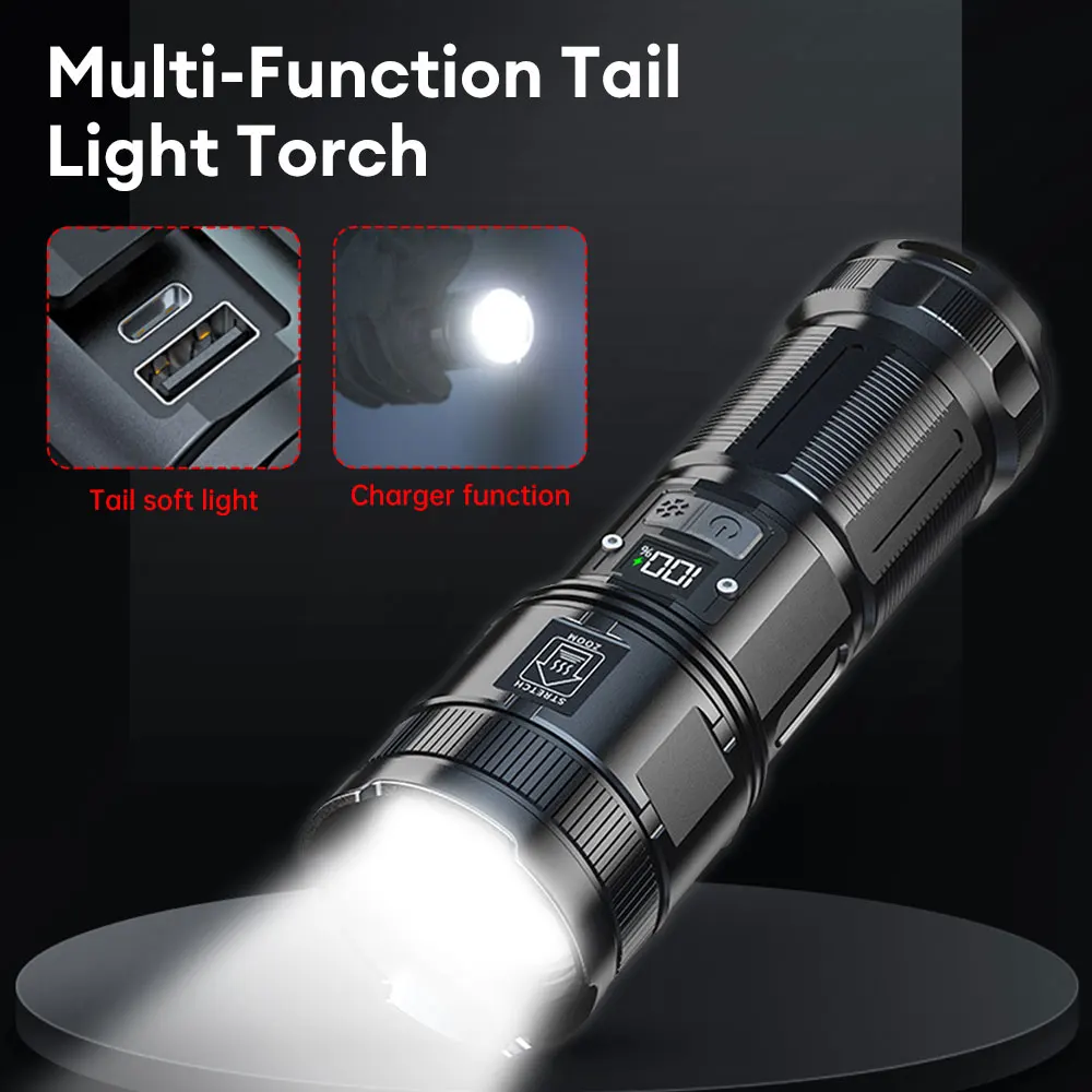 

Outdoor Camping Flashlight USB-C Rechargeable 2000W Super Bright Tactical Flashlight 1000M Long Lighting Range Waterproof Torch