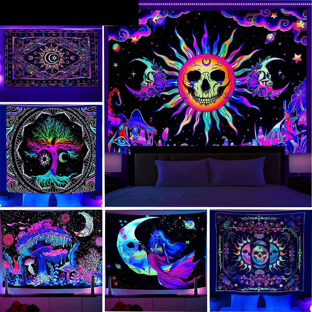Large Blacklight Mushroom Tapestry UV Reactive Moon and Stars Tapestries Wall Hanging Aesthetic Tapestry Glow in The Dark