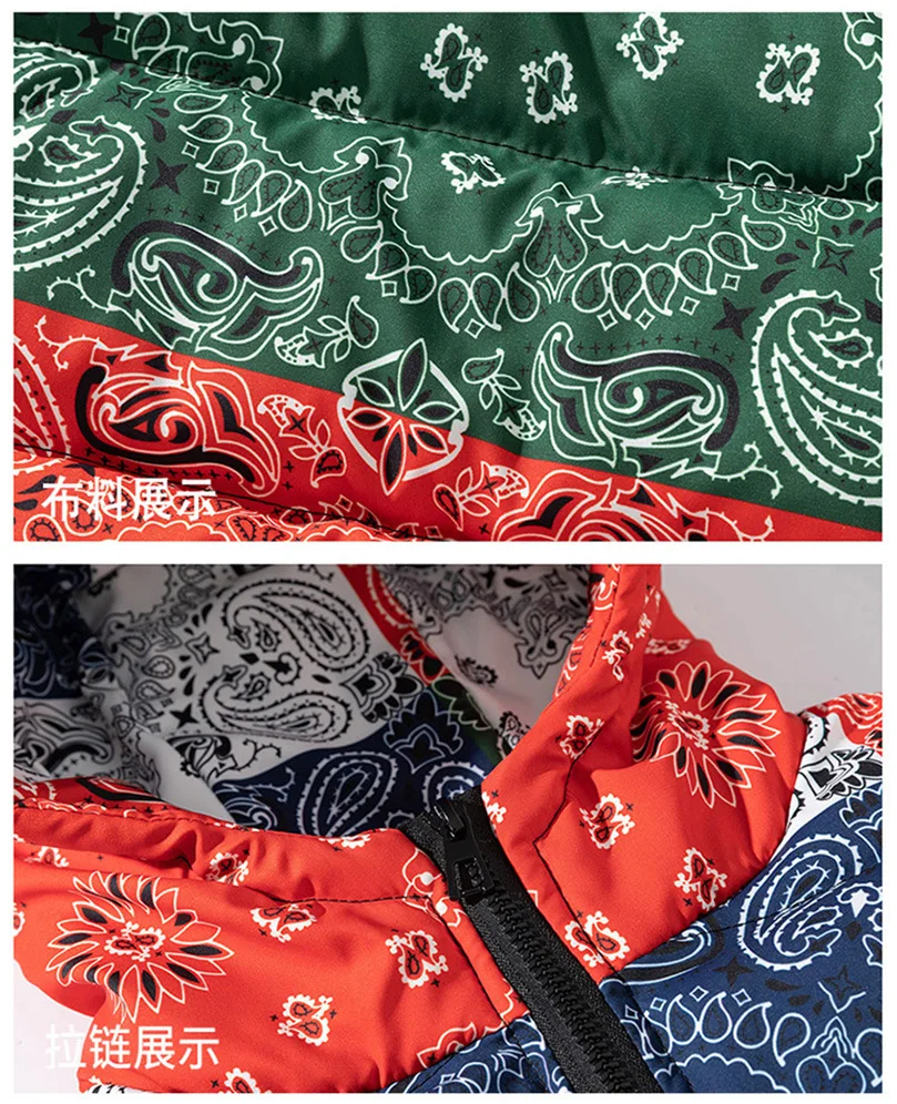 Winter Jacket Men Bandana Print Patchwork Cotton Padded Coat Thick Warm Hooded Varsity College University Outerwear New 2024 6