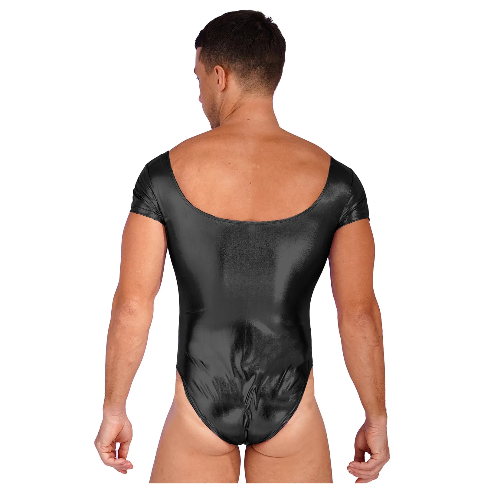 Men Shiny Patent Leather Bodysuit Short Sleeve One-piece Leotard Dancewear Swimwear