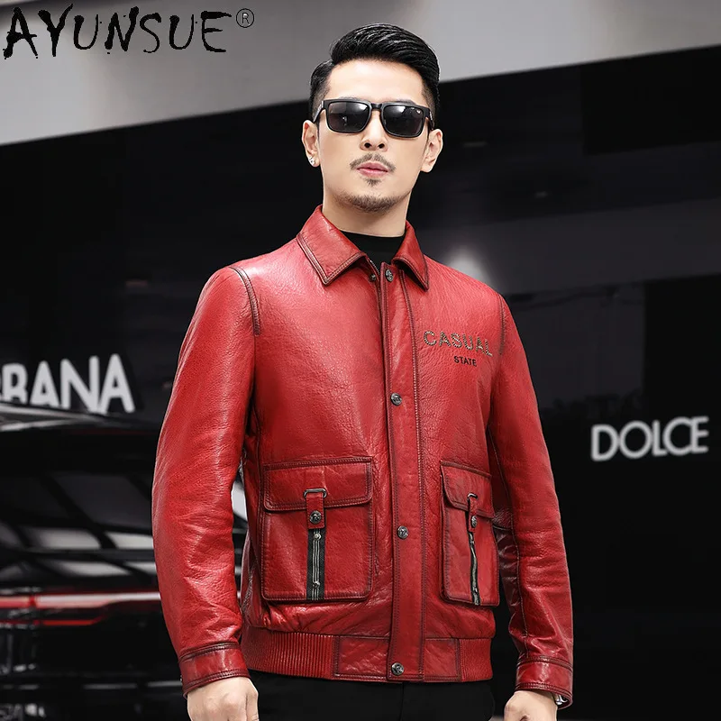 

AYUNSUE Genuine Leather Jacket Men Real Leather Coat Top Quality Oil Wax Sheepskin Leather Jackets Embroidery Casual Coats Trend