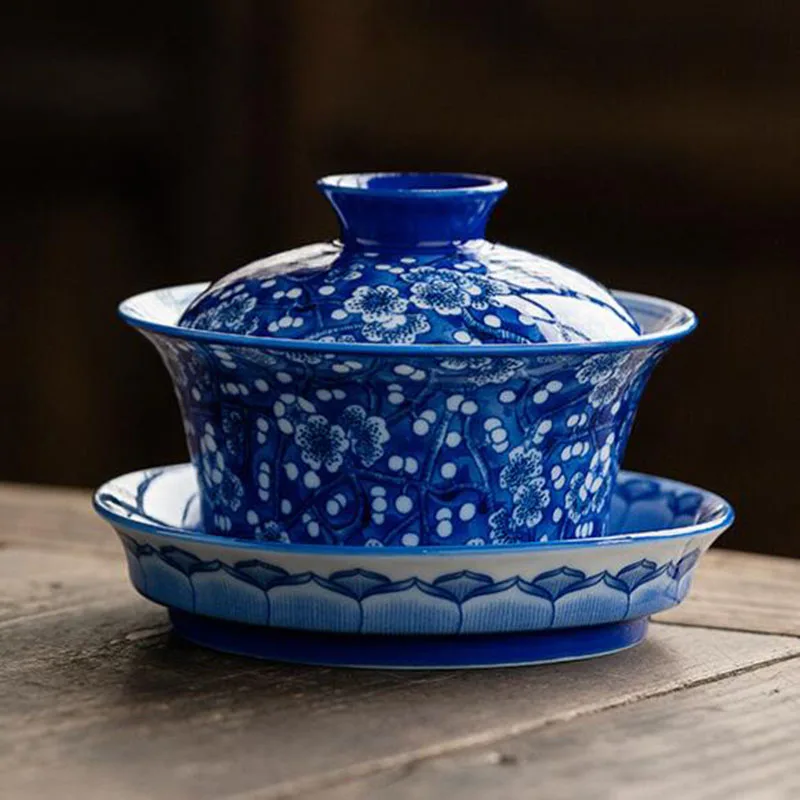 Porcelain Blue and White Plum Blossom Pattern Sancai Gaiwan Kungfu Tea Cup Infuser Tea Bowl Kitchen Teaware