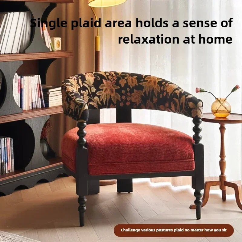 French Retro Solid Wood Lounge Chair Medieval Style Leisure Fabric Single Sofa Designer Lazy Chair for Living Room Study