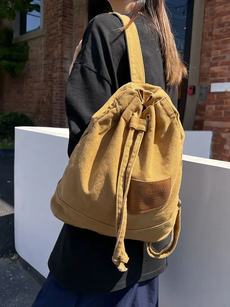 Fashionable Japanese Literary And Artistic Canvas Women's Bag Casual Simple And Versatile Large Capacity Bucket Shaped Backpack