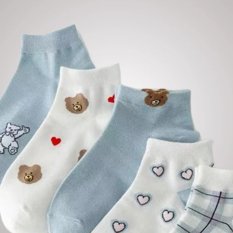 5 Pairs Low Tube Casual Women Socks With Cute Bear And Heart Pattern Standard Women Socks 2024 New Comfortable Fashion Socks