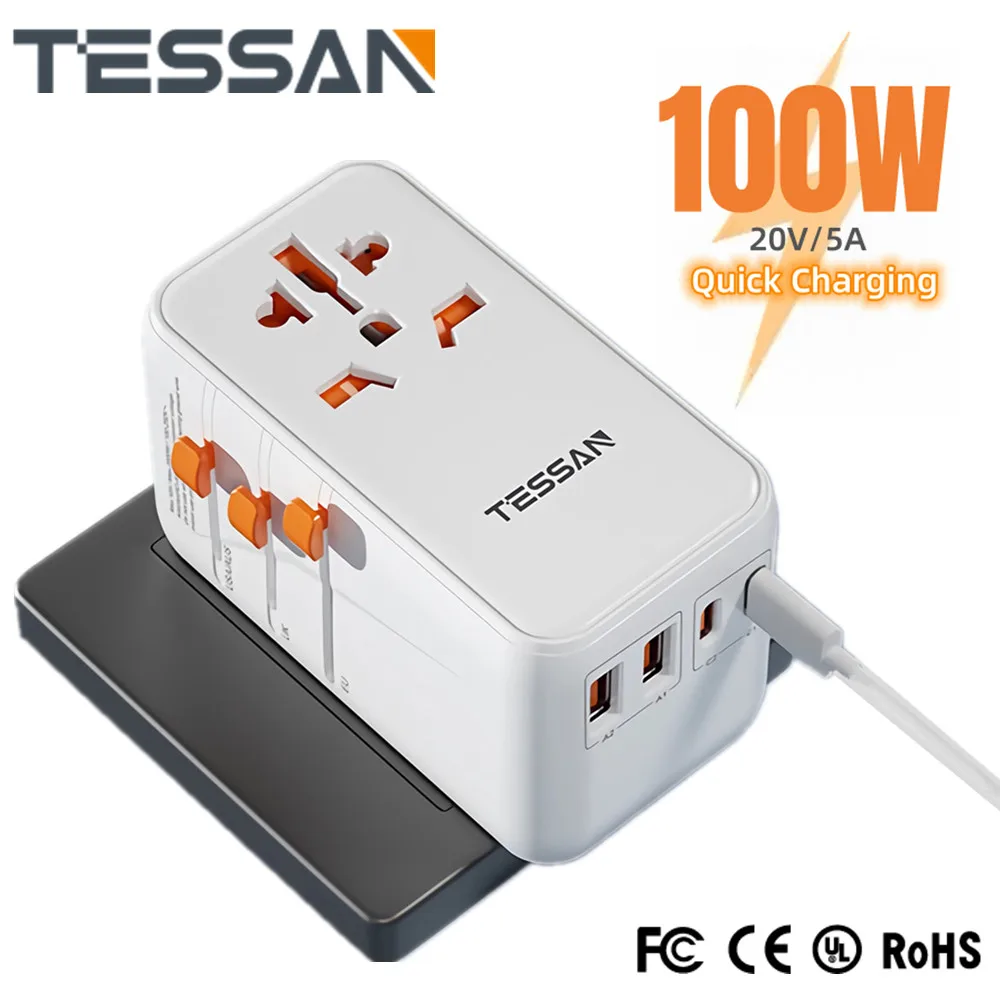 

TESSAN 65W/100W GaN Universal Travel Adapter with USB Type C Fast Charging Worldwide Power Adapter EU/UK/USA/AUS Plug for Travel