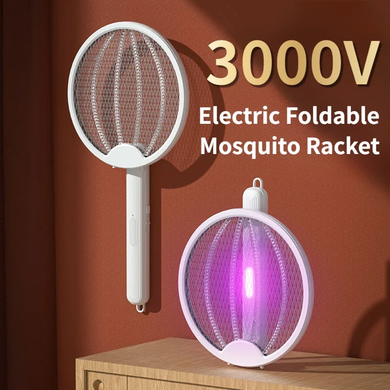 цена Бытовая компактная аккумуляторная электрическая складная ракетка для уничтожения насекомых с USB, 3000 В, для кемпинга