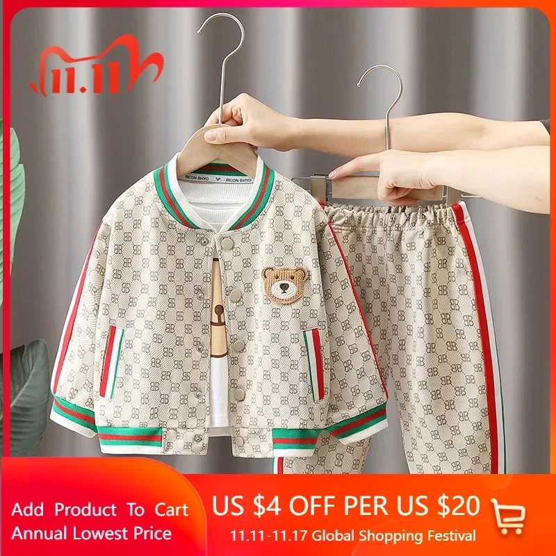 

2023 Spring Autumn Casual Kids Clothes Boy 3Pcs Set Bear Cartoon Long Sleeve T-Shirt+Single Breasted Coat+Pant Suit 1 2 3 4 5 6Y