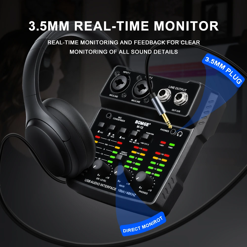 M-12 2 channels USB Audio Interface XLR Mic USB Sound Card for PC Recording Studio Plug&Play