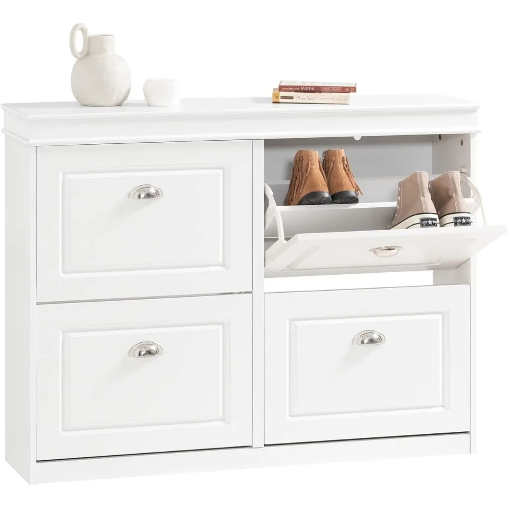 

White Modern Shoe Cabinet with 4 Flip Drawers, Freestanding Shoe Rack, Shoe Rack Bench for Entryway, Hallway(9.