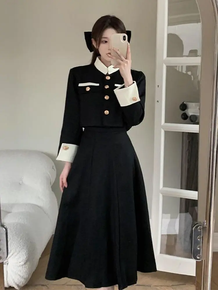 ODETTE BOA JACKET /SKIRTセット Retro Houndstooth Plaid Suit With High Waist Pleated