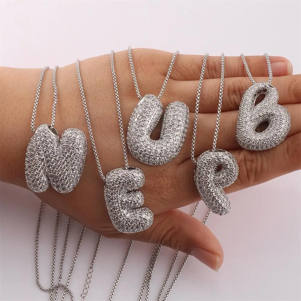 Exquisite Chunky Balloon 26 Letter Necklaces Zircon CZ Bubble Initial Alphabet Pendant Choker Women Personality Chain Jewelry