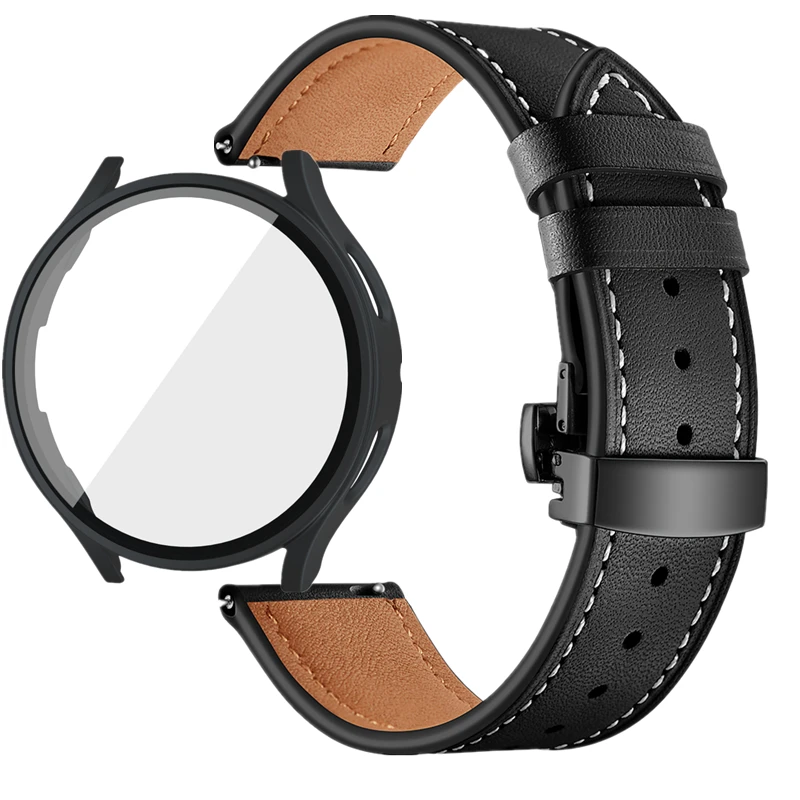 

Leather Band+PC Case For Samsung Galaxy Watch 4 5 44mm 40mm Strap With Butterfly Buckle For Galaxy Watch 5 Pro 45mm Bracelet