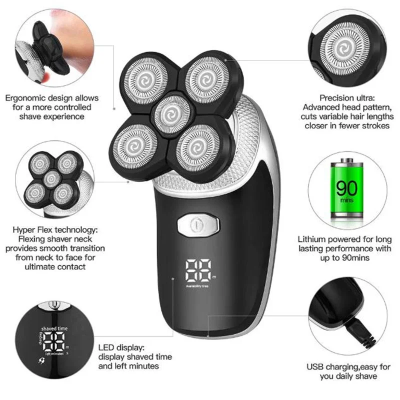 Electric Bald Head Shaver For Man 5D Skull Razor Floating Rotary Shaving Machine Baldhead Shave Clipper Face Grooming
