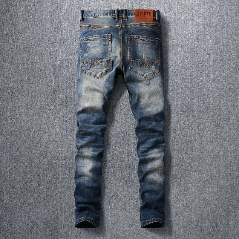 Newly Designer Fashion Men Jeans Retro Blue Washed Stretch Trousers Elastic Slim Fit Ripped Jeans Men Vintage Denim Pants Hombre