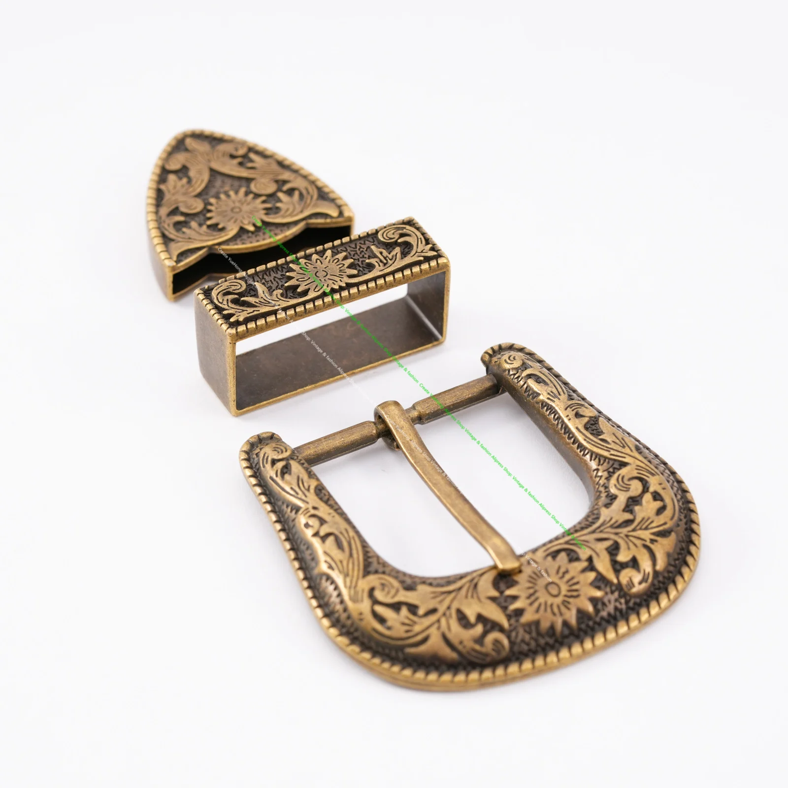 Corde de ceinture en laiton Antique, motif Floral, ensemble de trois pièces, style Cowboy occidental, pour l'artisanat du cuir, boucle unisexe, 1 1/2 pouces