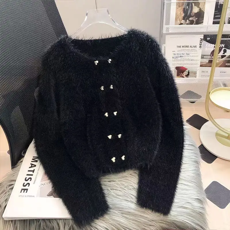 New Soft Glutinous Imitation Mink Fleece Short Round Neck Cardigan